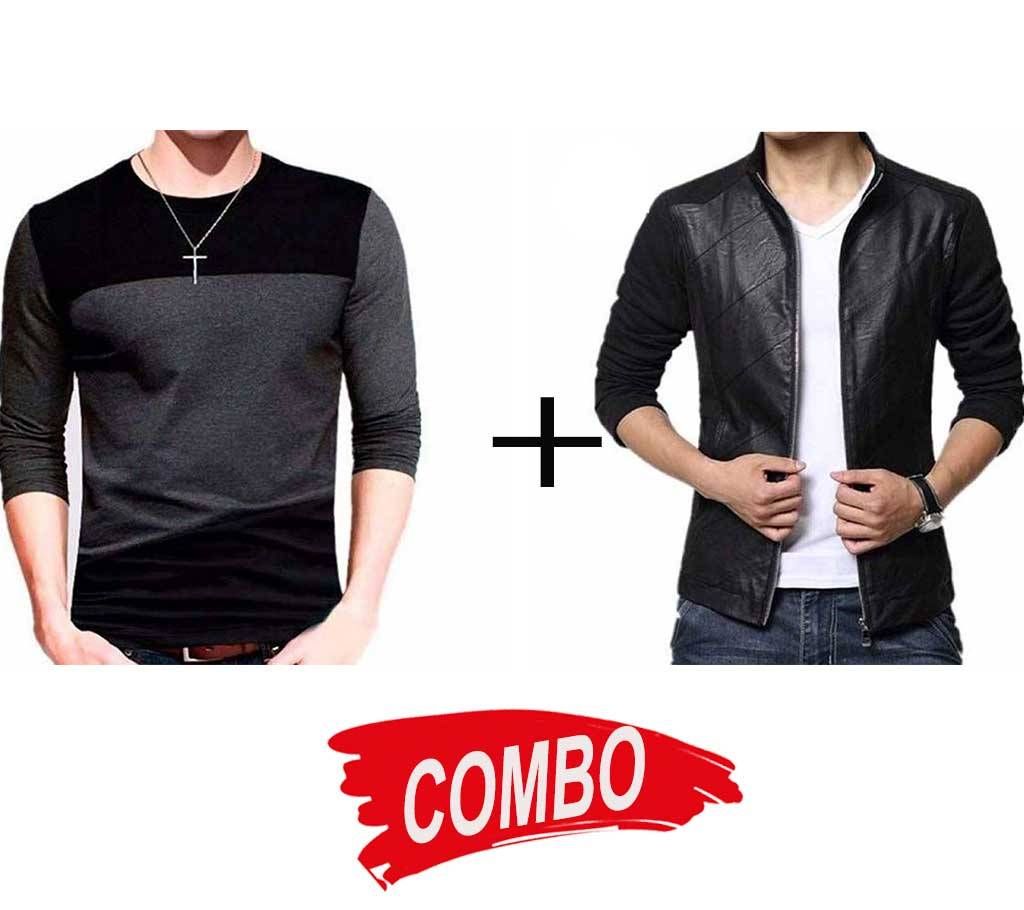 Mix Leather Full Sleeve Jacket + Stylish Full Sleeve T-shirt Combo Offer