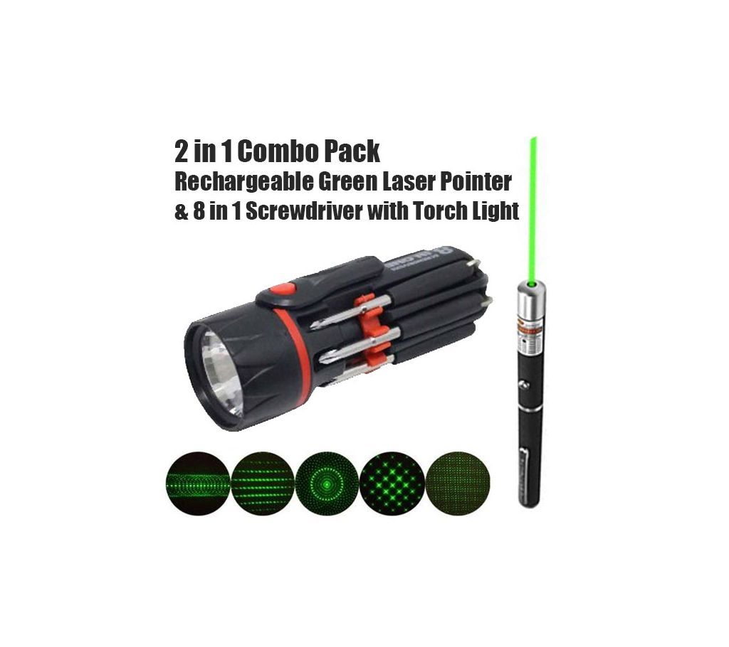 Rechargeable Green Laser Pointer with 8 in 1 Screwdriver with Torch Light
