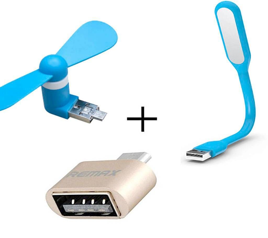 USB OTG Fan + LED Light + Remax OTG Converter Combo Offer