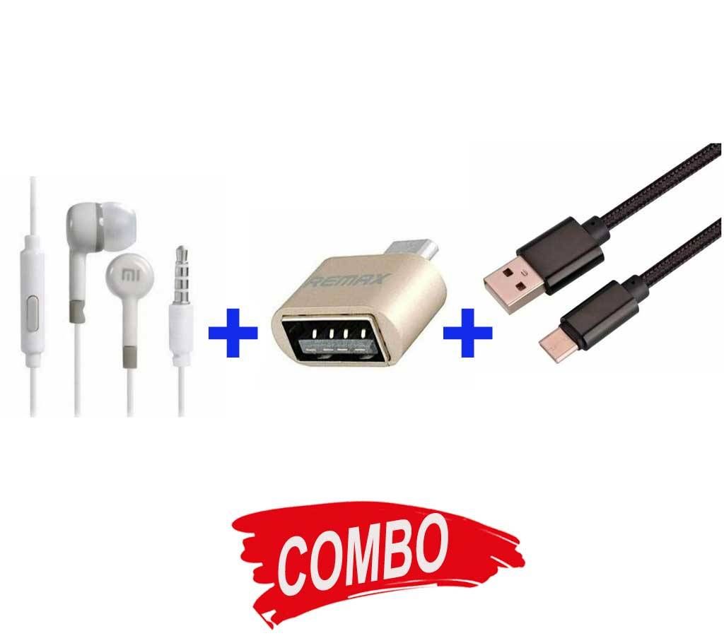 Mi In-Ear Earphone+Data and USB 2.0 Charging Cable For Smart Phones+Remax Micro USB OTG converter Combo