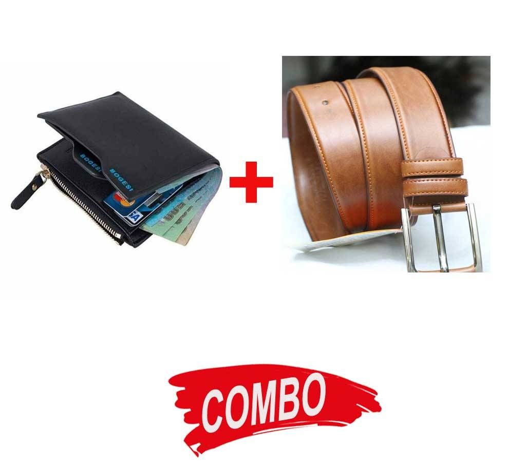 Brown Leather Belt For Man + BOGESI gents wallet Combo Offer 