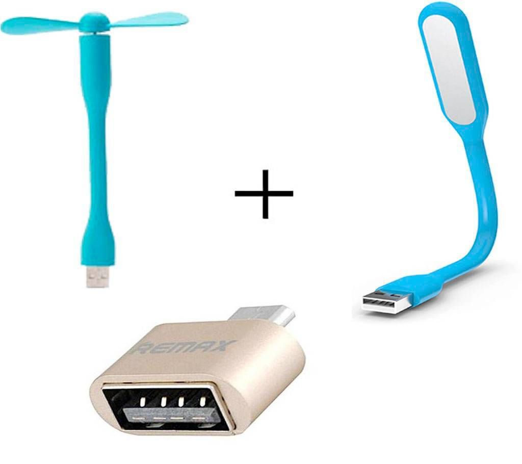 USB mini  Fan + LED Light + Remax OTG Converter Combo Offer