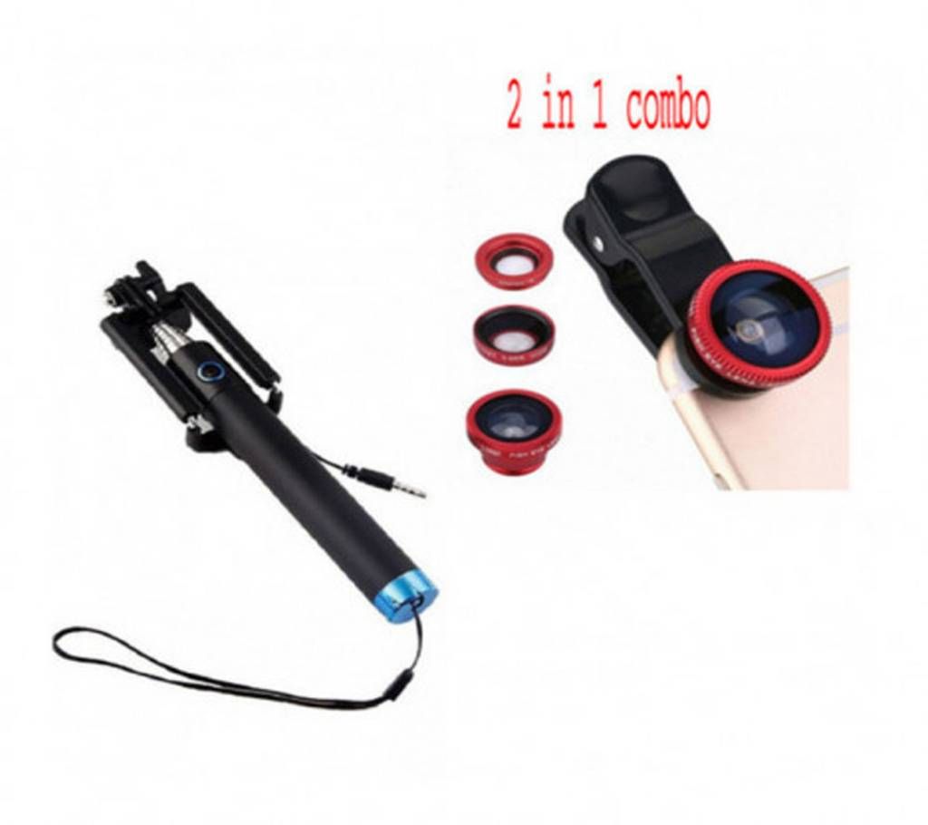 Combo of Clip-on Lens With 3-in-1 Effect+Locust Portable Selfie Stick-002