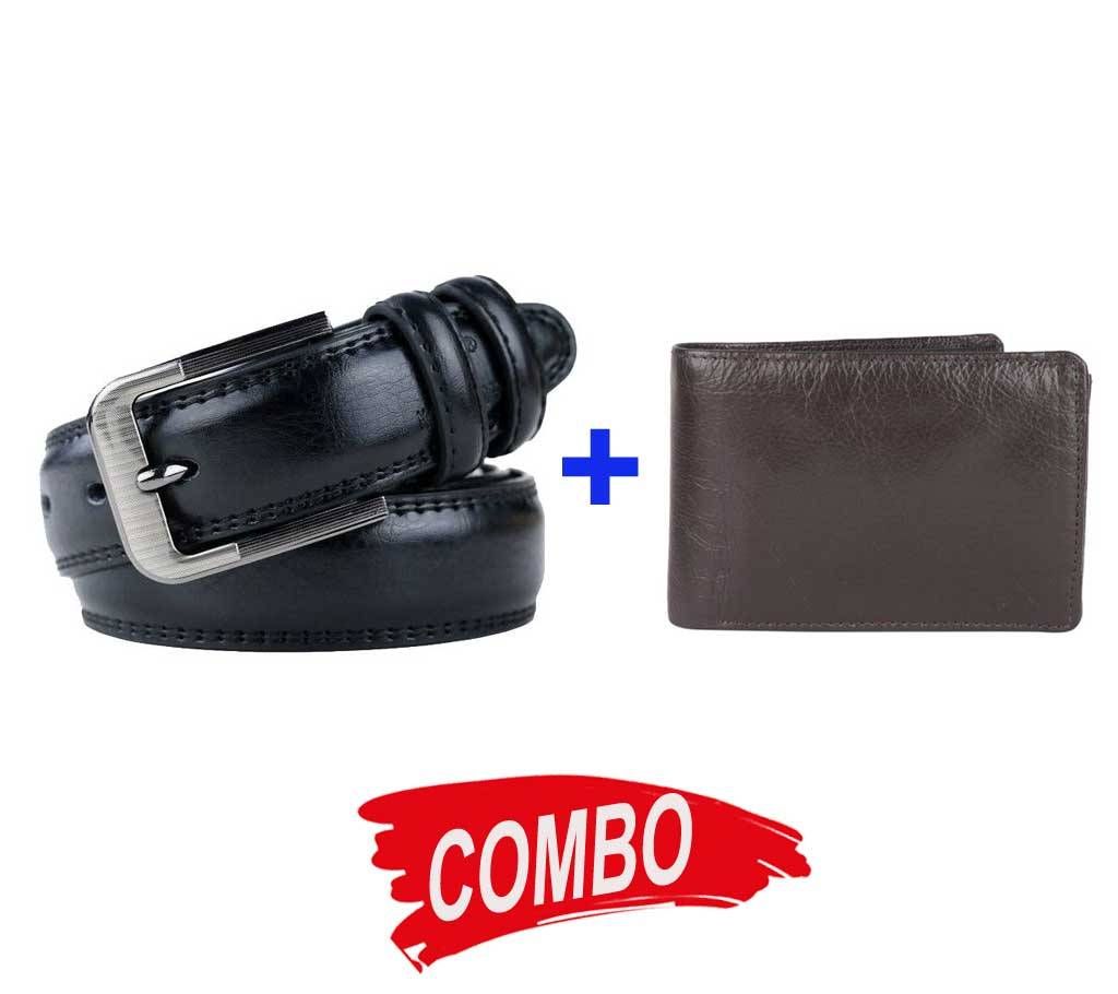 Black Leather Formal Glossy Belt  for Men+Brown Leather Wallet With Multi-chamber For Men Combo im04