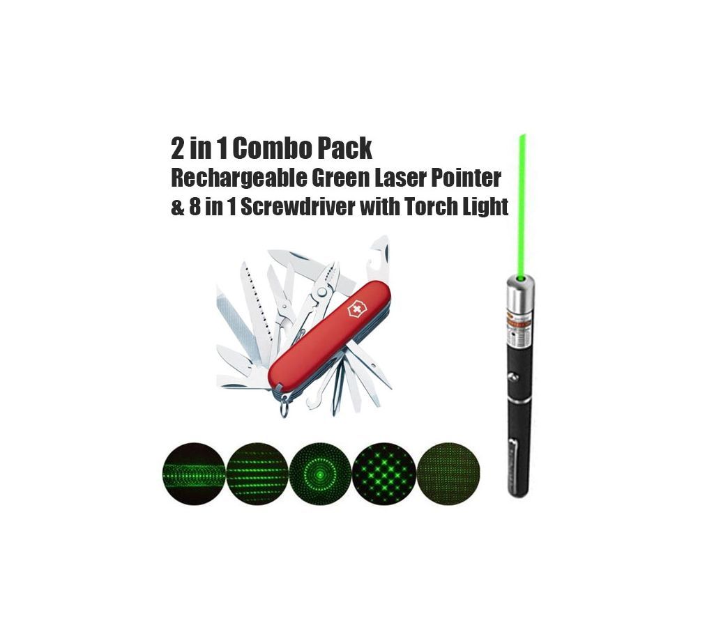 Rechargeable Green Laser Pointer with 12 in 1 Multi function Army Knife