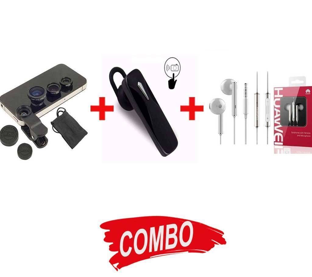 Huawei AM116 Earphone + Bluetooth Headset +Universal Lence For Mobie Combo Offer