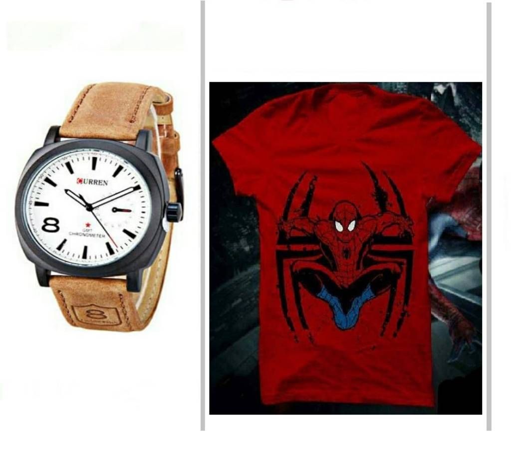 Curren Gents Watch & Spiderman Menz Round Round Neck T-Shirt Combo