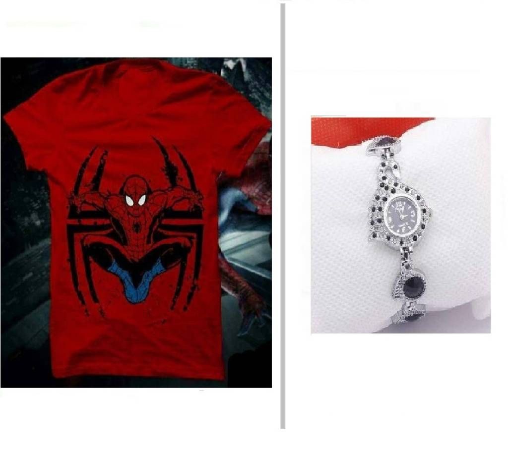 Spiderman Menzel Round Neck T-Shirt + Peacock Watch for Women