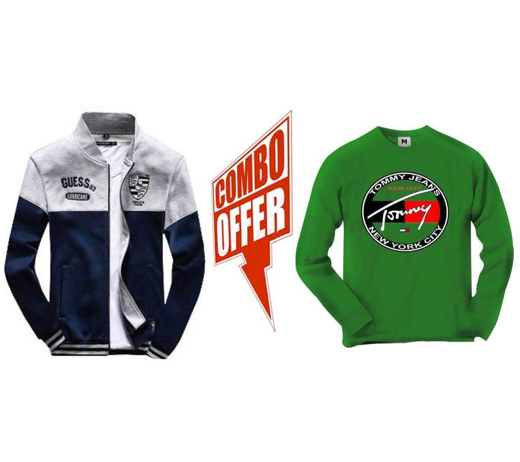 Navy Blue & Light Gray Cotton Jacket For Men + Menz casual full sleeve t-shirt Combo Offer