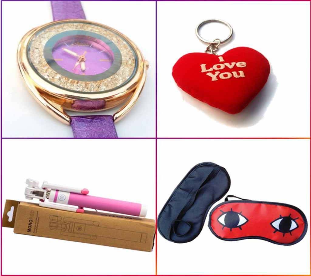 Combo of Ladis Wrist Watch, Selfie Stick, Eye Mask