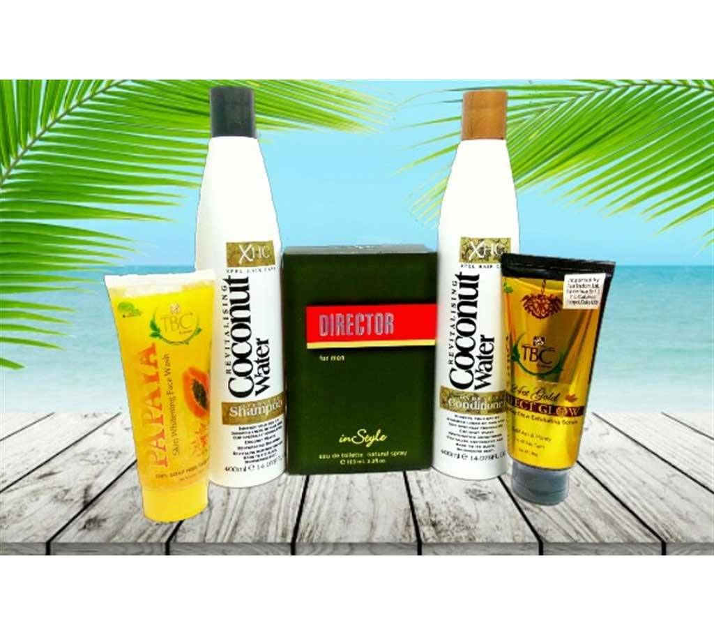 Coconut Water Shampoo, Conditioner, TBC Papaya facewash & 24K Gold Scrub + Director Perfume Combo India UK