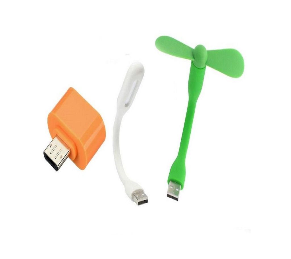 3 In 1 Combo Of Otg Adaptor, USB Fan & USB LED Light