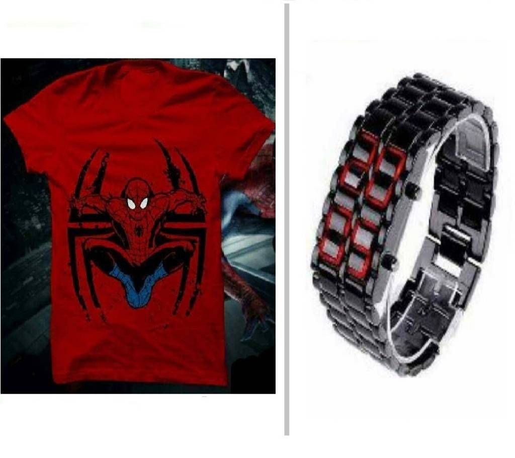 Spiderman Menzel Round Neck T-Shirt + LED Bracelet Type Watch