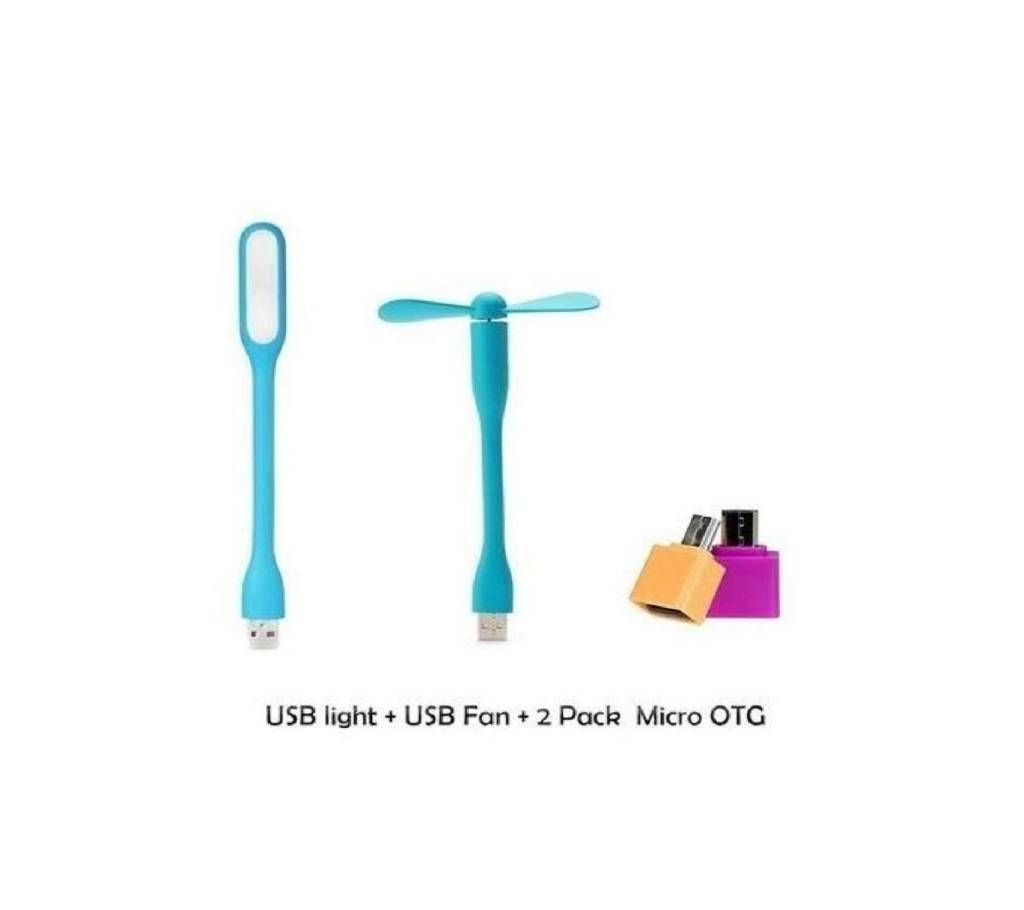 (4-In-1) Combo Offer of USB Light, USB Fan and 2 Pack Micro OTG