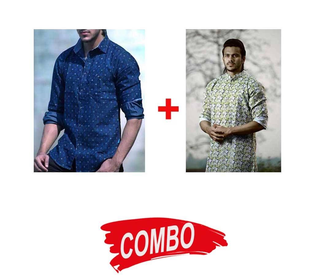 Mens Printed Panjabi + Men's Full Sleeve Denim Casual Shirt - Combo Offer