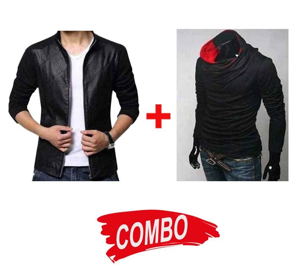 Mix Leather Full Sleeve Jacket + Men's Full Sleeve T shirt Combo 