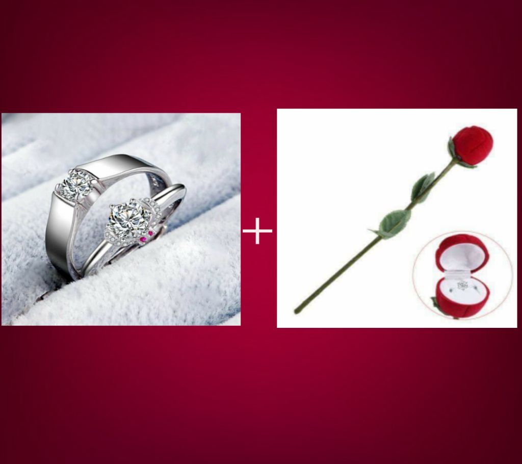 Silver Colour Couple Ring And Rose Ring Box