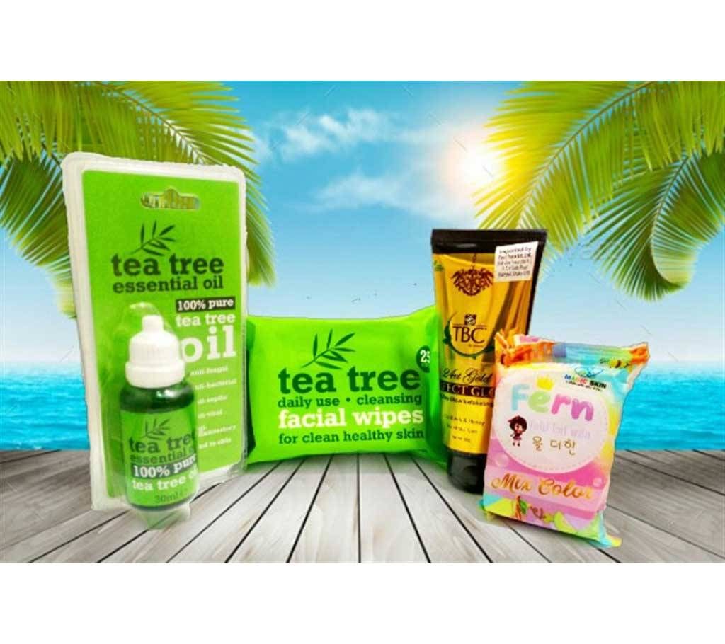 Tea Tree essential oil + Facial Wipes + TBC 24K Gold Scrub + Fern Omo Soap Combo India TH