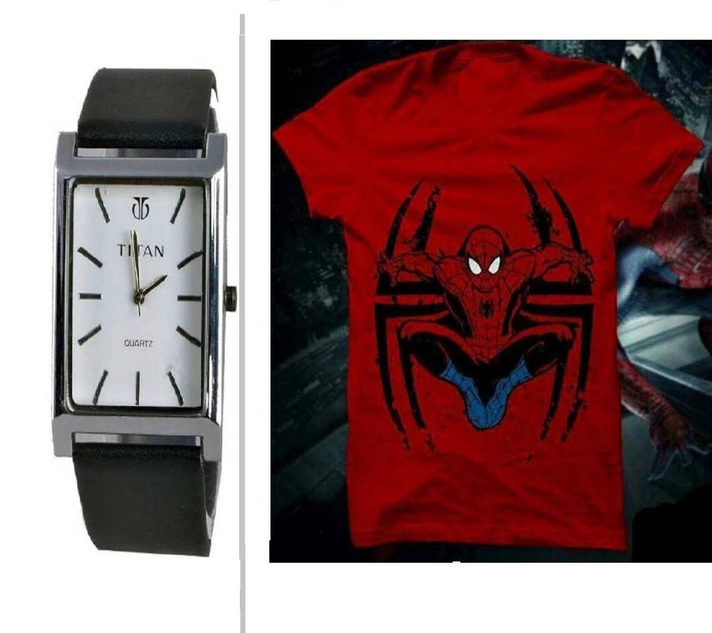 Titan (Copy) Menz Wrist Watch & Spiderman Menu Round Neck T-Shirt