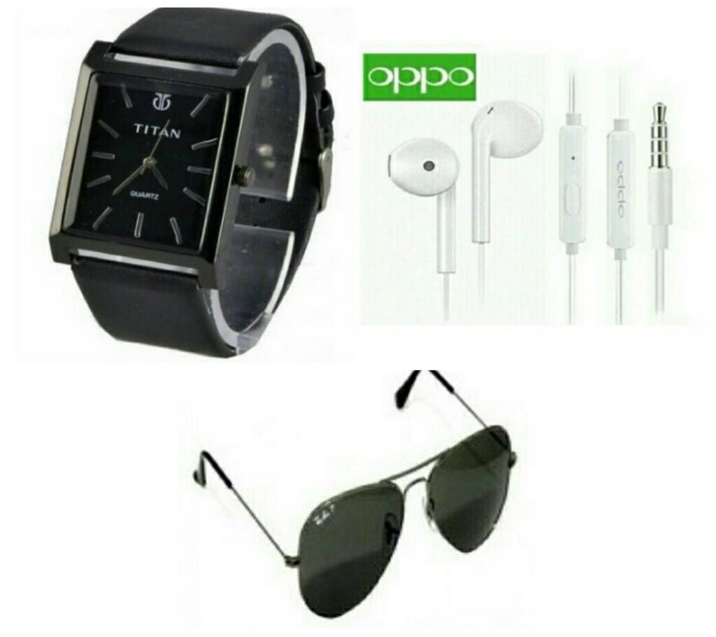 Oppo In Ear Headphones (copy) + TITAN Gents Watch (copy) + Ray ban Sunglasses (copy) combo offer 