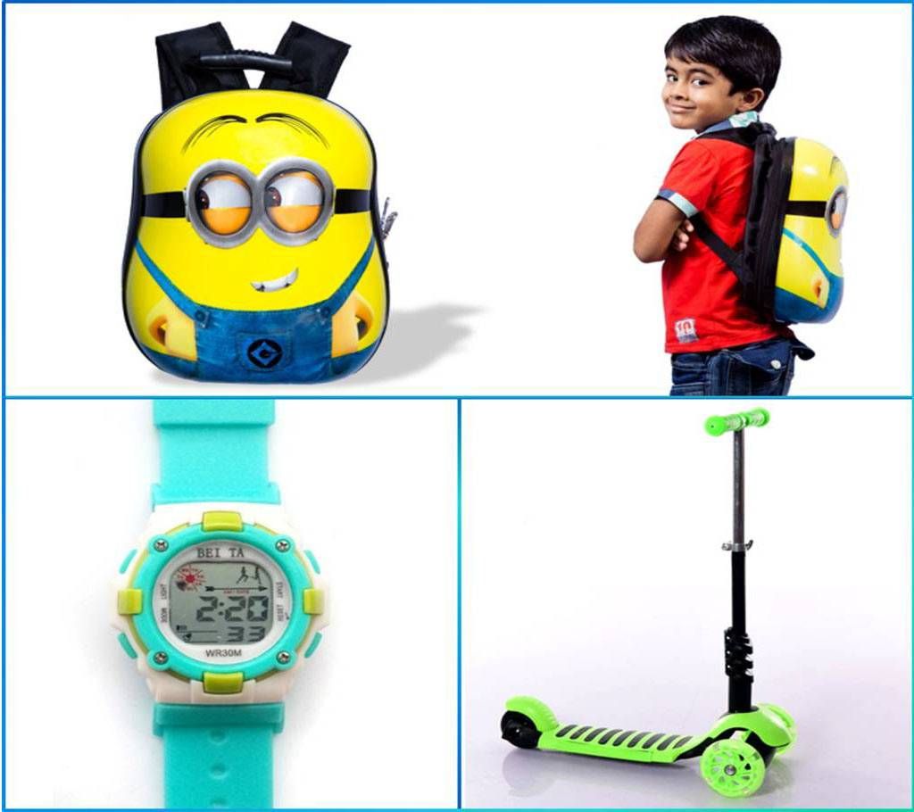 Combo of  Travel Bag, Kids Watch, lighting scooter