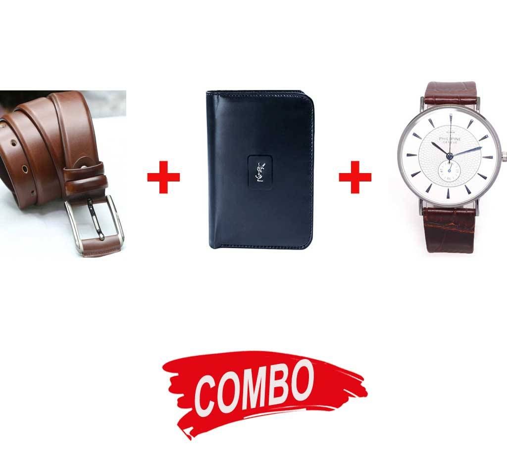 White dial analog watch for men+ Brown belt for men + YSL Artificial leather wallet for men Combo Offer 