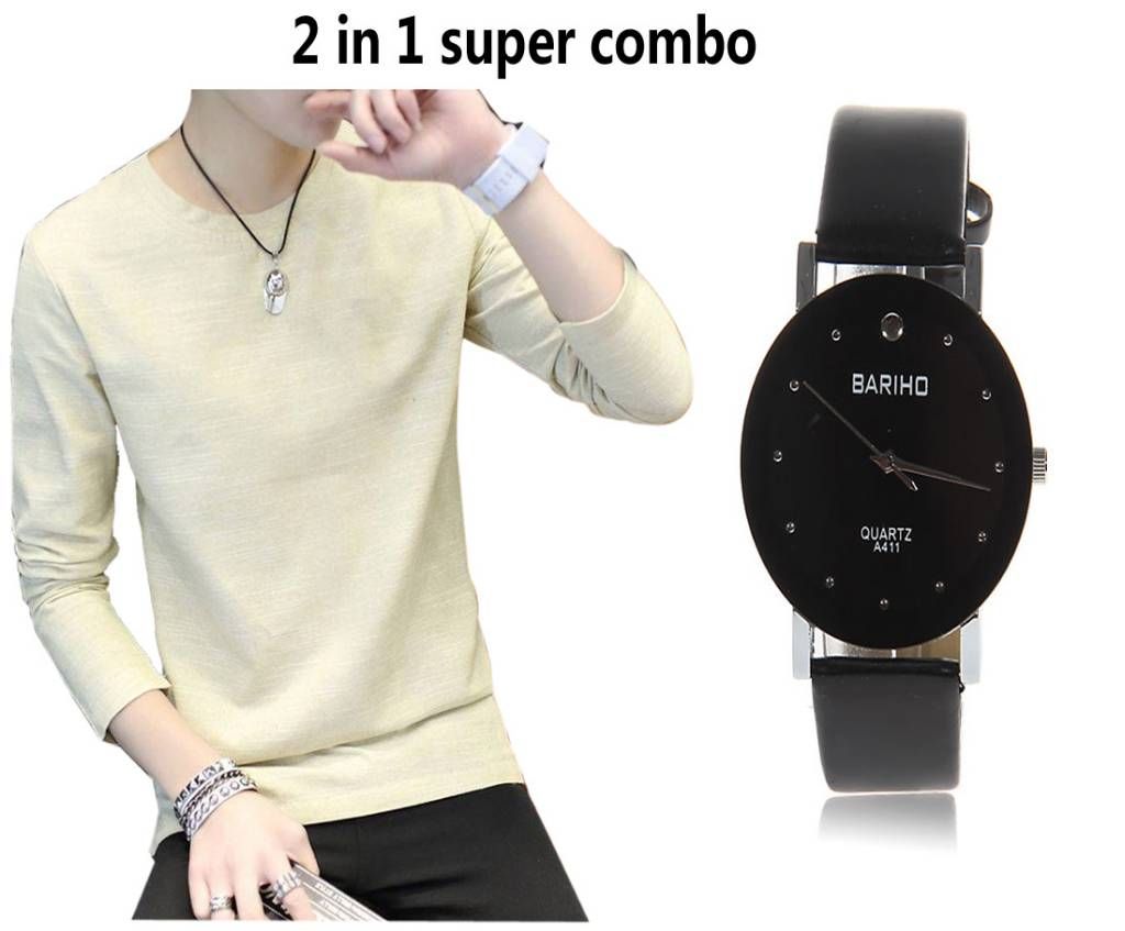 Gents full sleeve cotton t-shirt+Bariho Watch Combo