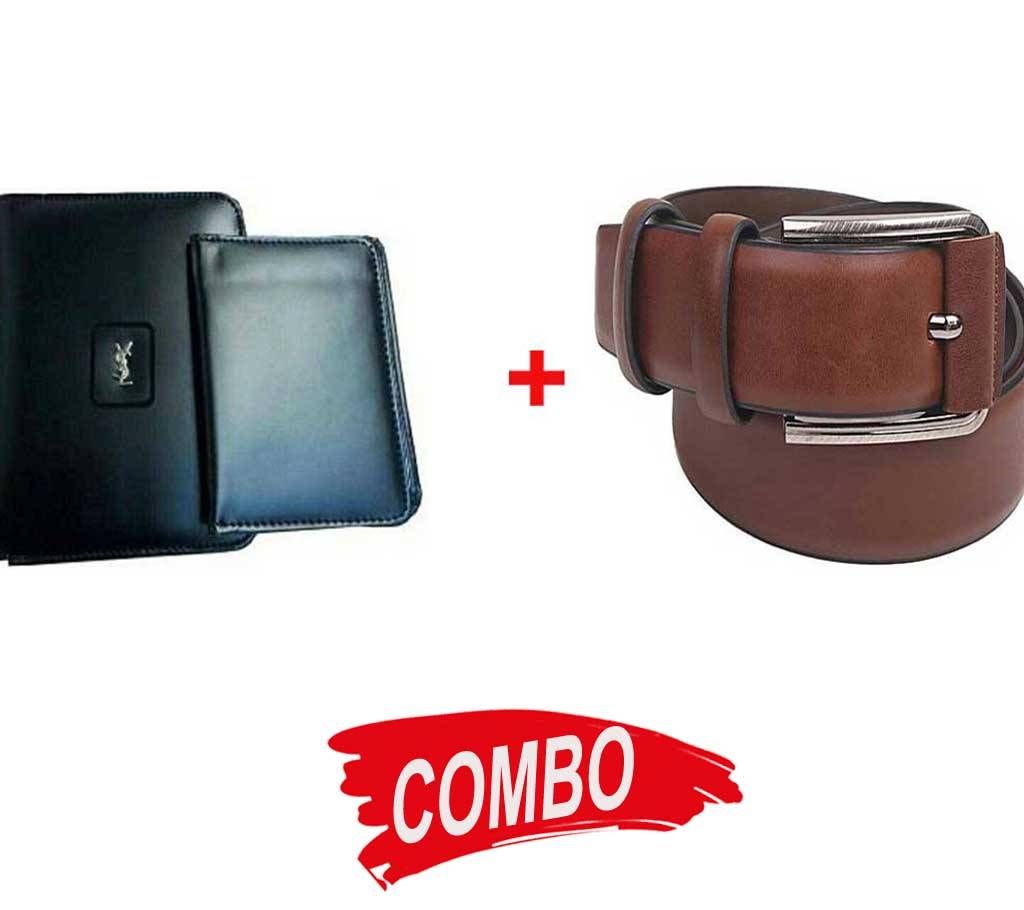 Brown Artificial Leather Belt For Men+YSL leather wallet for men Combo 