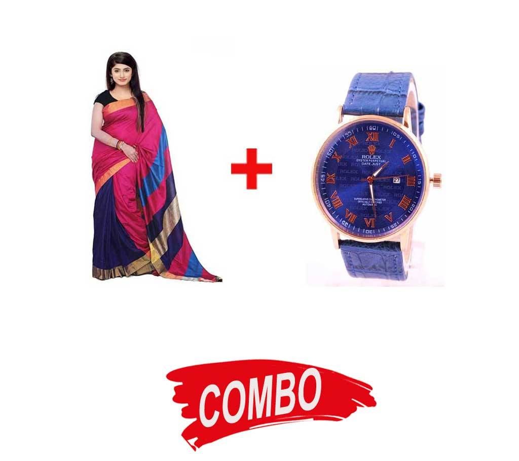 ROLEX Blue Analog Watch for Men copy+ Silk Saree Combo Offer 