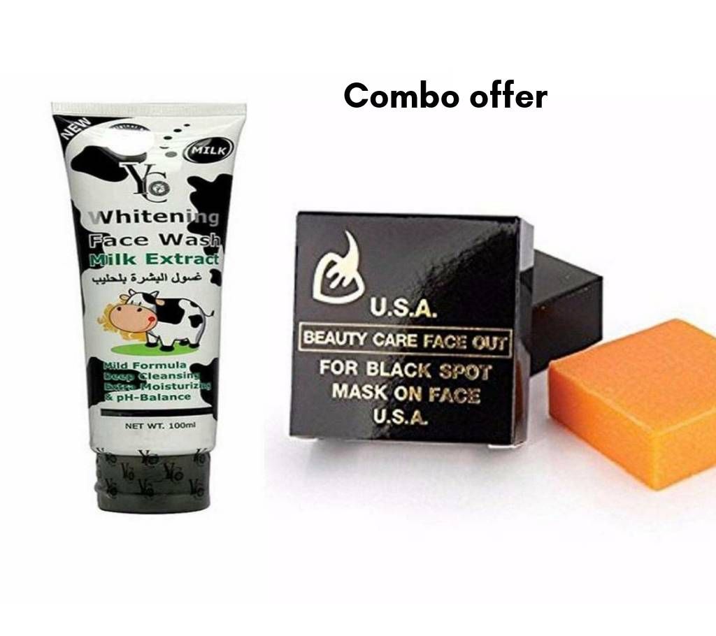Combo of YC Whitening Facewash Milk Extract & USA Beauty Care Face Out Soap for Black