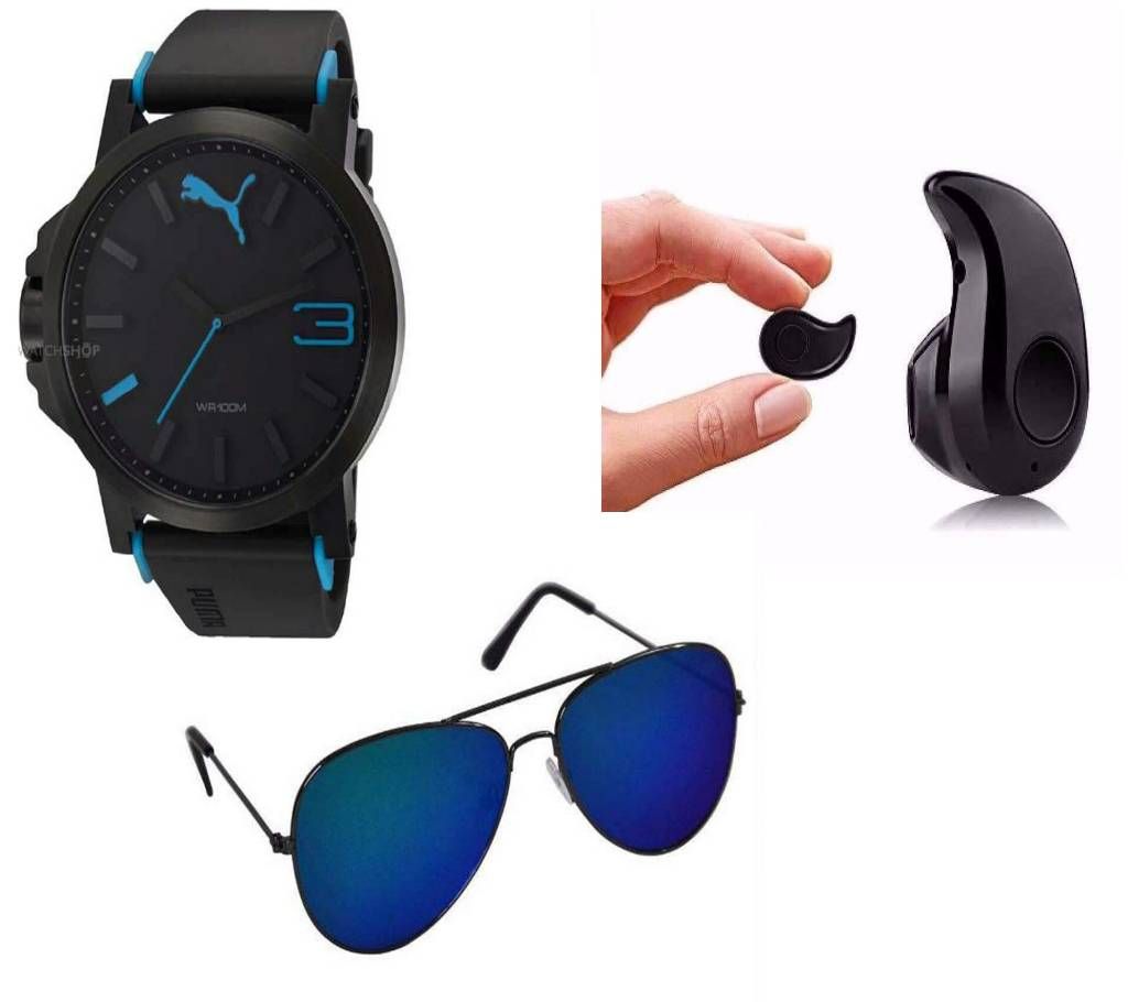 Black Blue Sports Watch for Men + Gents Metal Frame Sunglasses + Mini Wireless Bluetooth Earphones