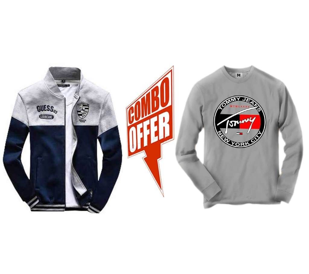 Navy Blue & Light Gray Cotton Jacket For Men+Menz casual full sleeve t-shirt Combo 