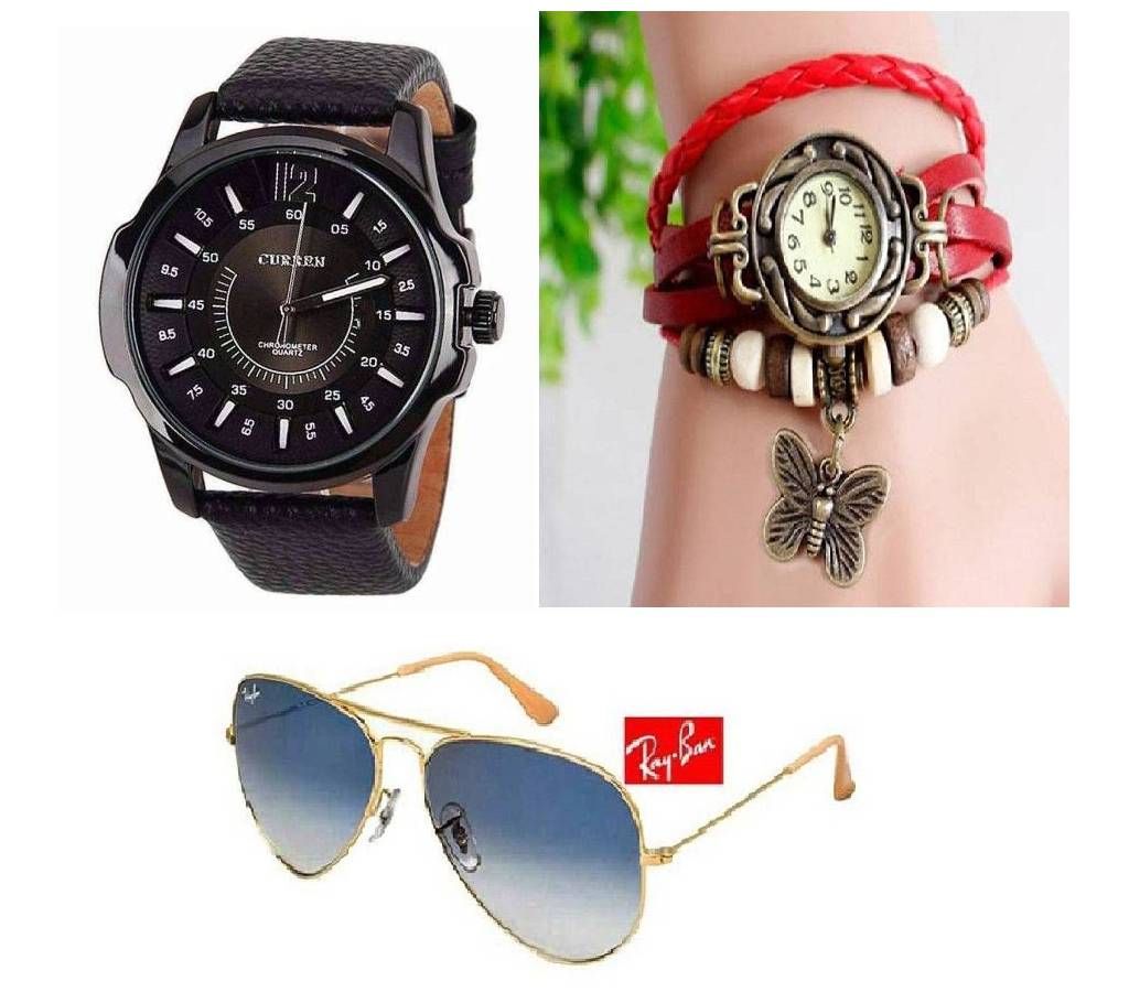 CURREN Gentle's Restow + Ladies Bracelet Reverse Watch + Gentle Metal Frame Sunglasses