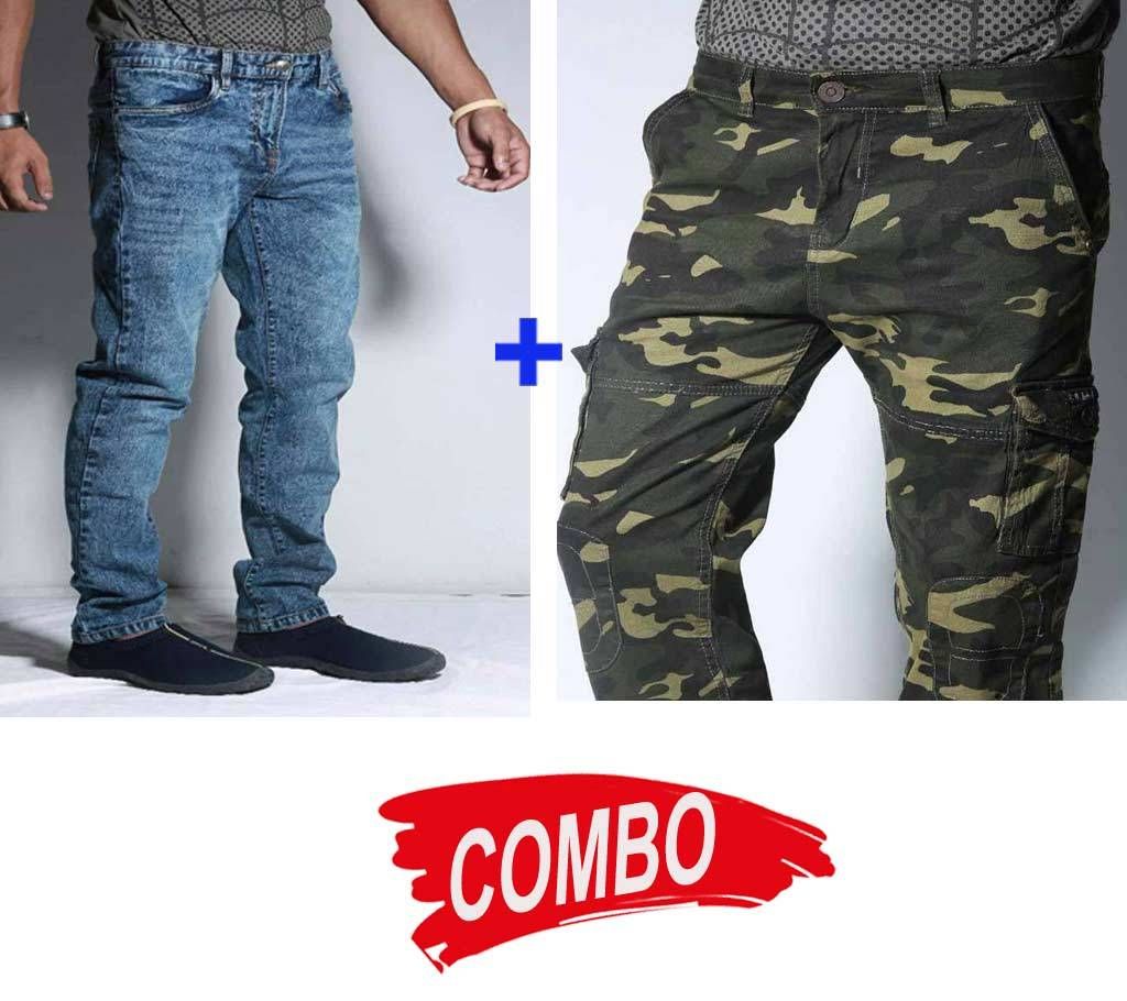 Gents Stretch Camo Long Cargo Pant (CP78) +Stretchable Acid Wash Denim Jeans Pants for Men  Combo Offer 