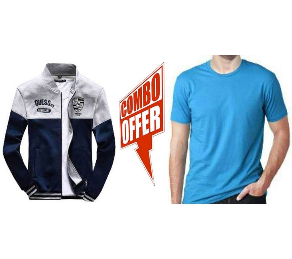 Navy Blue & Light Gray Cotton Jacket For Men+Menz Solid color T-Shirt Combo 
