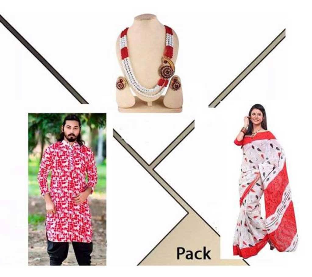 cotton punjabi+ cotton sharee+ pendant set combo 