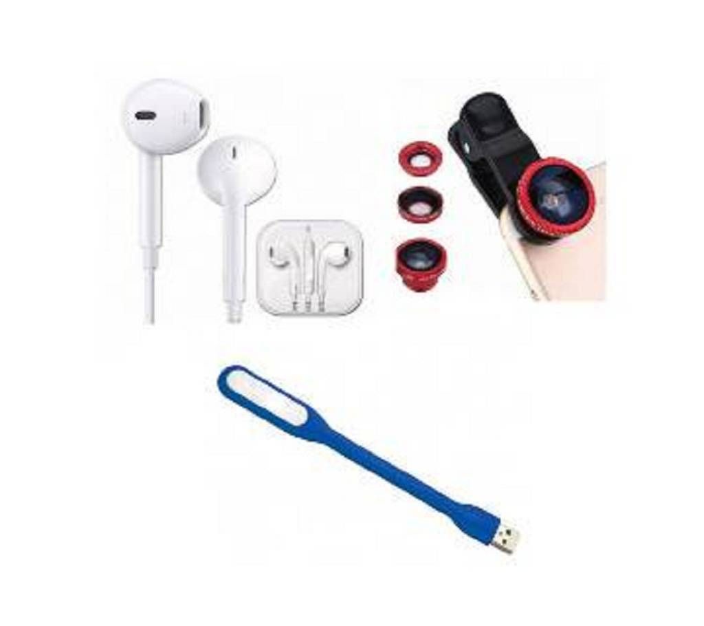 Apple Earphone + Universal Clip-on Lens + LED Light