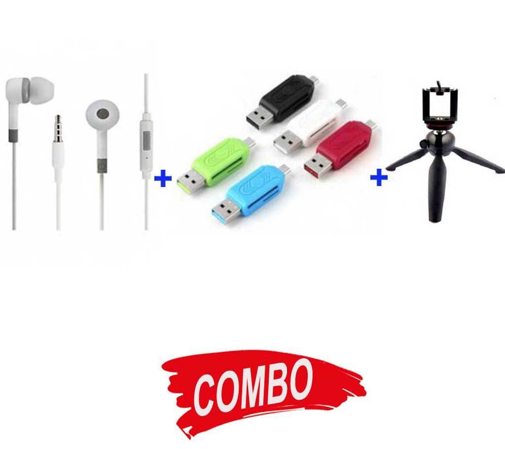 tripod-228 stand pad+OTG CARD READER+MI-HEADPHONE-REPLICA-582 Combo Offer 