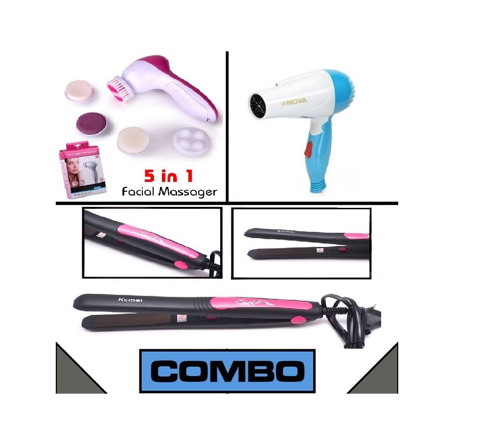 Combo Pack of Kemei Hair Straightner, Nova Hair Dryer & Facial and Body Cleaner Massager