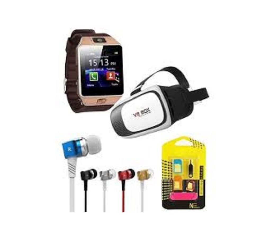 Pack of 4 - DZ09 Watch, Langsdom Hand Free M8, VR Box and Noosy - Multicolor
