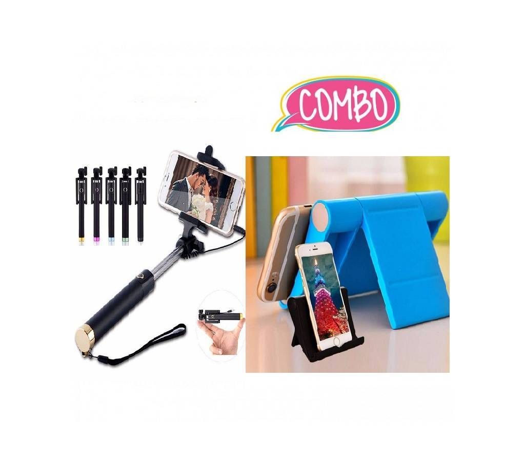 Selfie Stick +Universal Mobile And Tab Stand (1piece) Combo