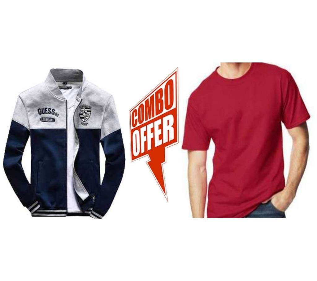 Navy Blue & Light Gray Cotton Jacket For Men+Menz Solid color T-Shirt Combo Offer 
