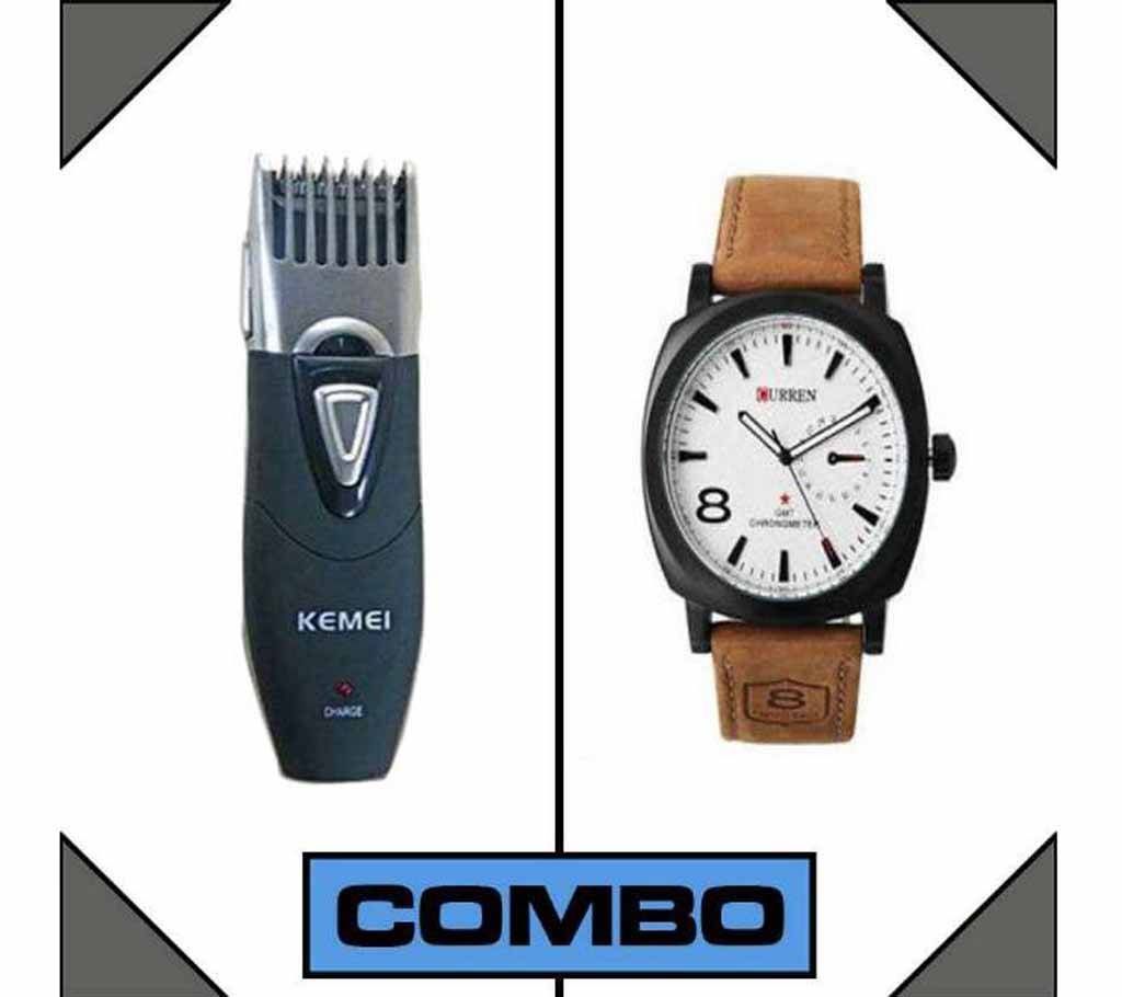 Kemei Km-3060 Trimmer and Curren Wristwatch Combo Offer