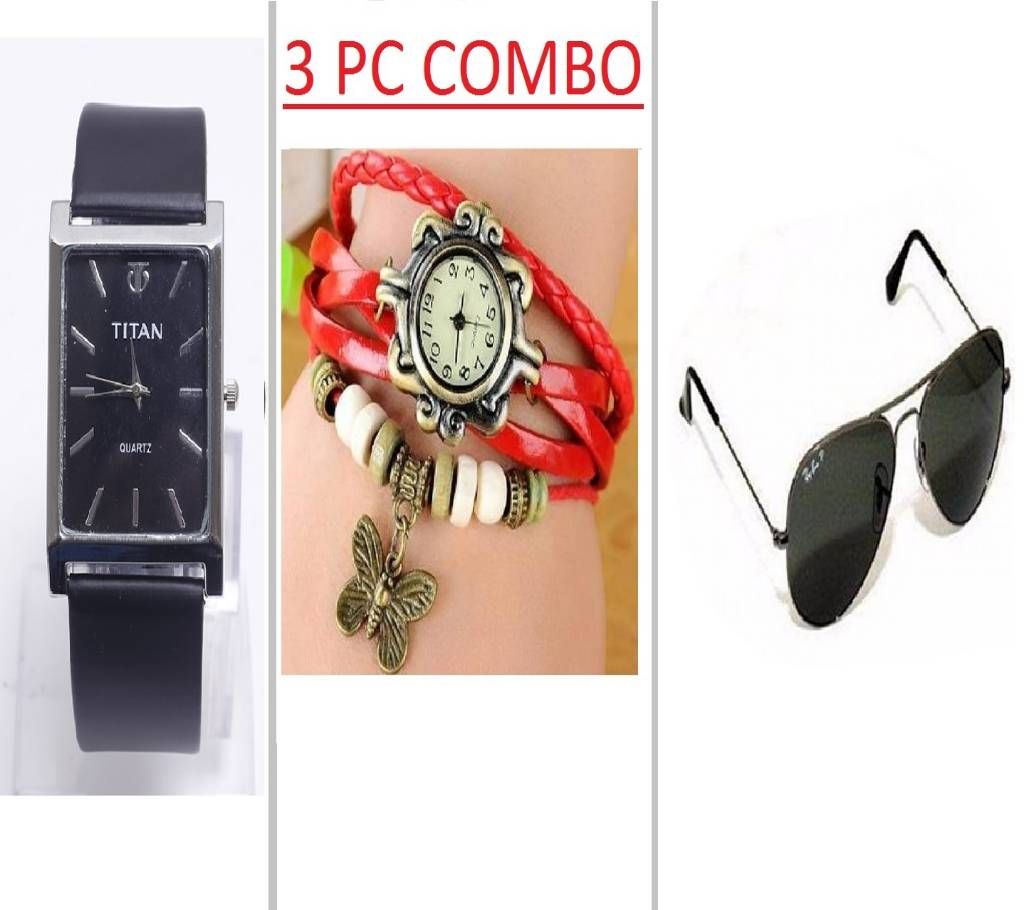 Titan (copy) Mens Wrist Watch, Ladies Bracelet Watch & Ray Ban (Replica) Sunglasses Combo