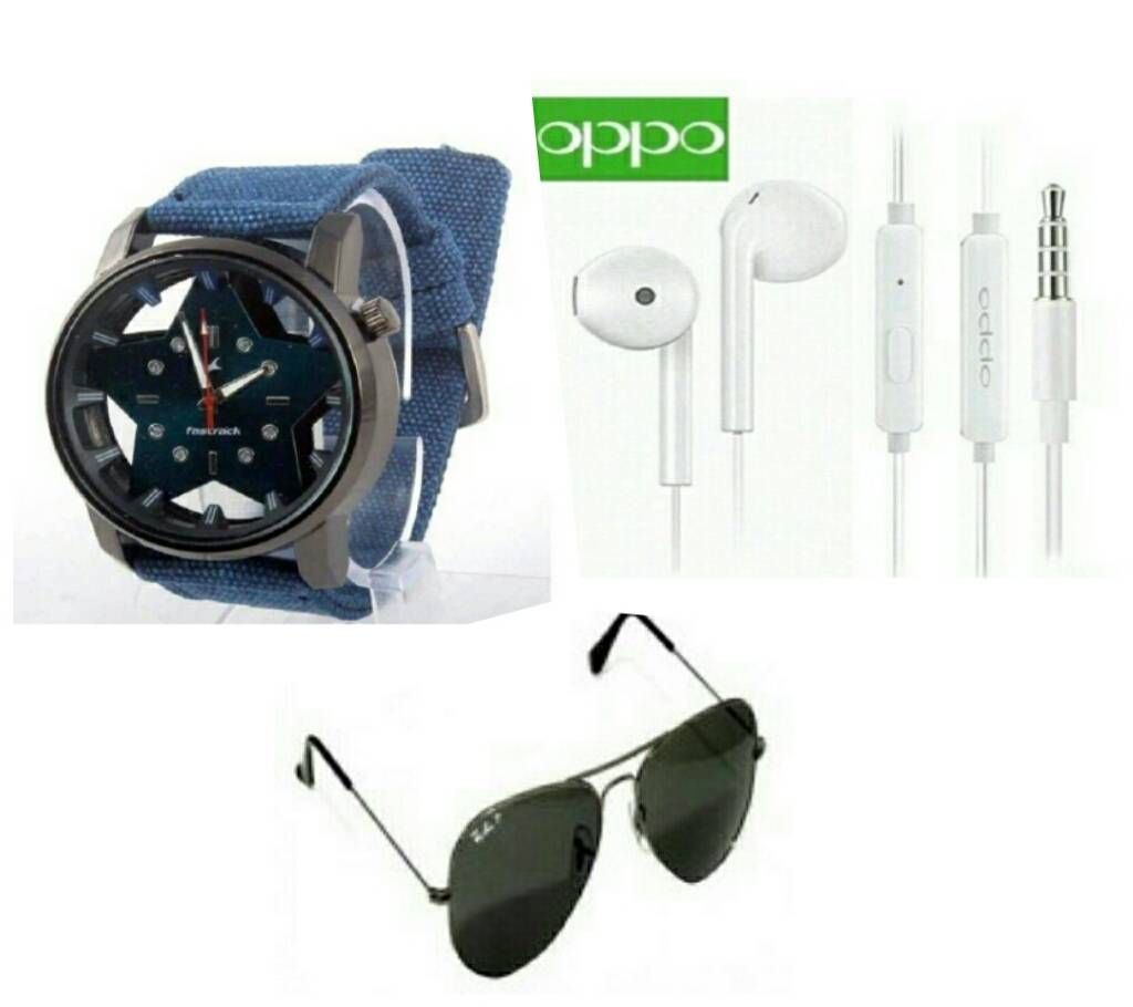Oppo In Ear Headphones (copy) + Fastrack Gents Watch (copy) + Ray ban Sunglasses (copy) combo offer 