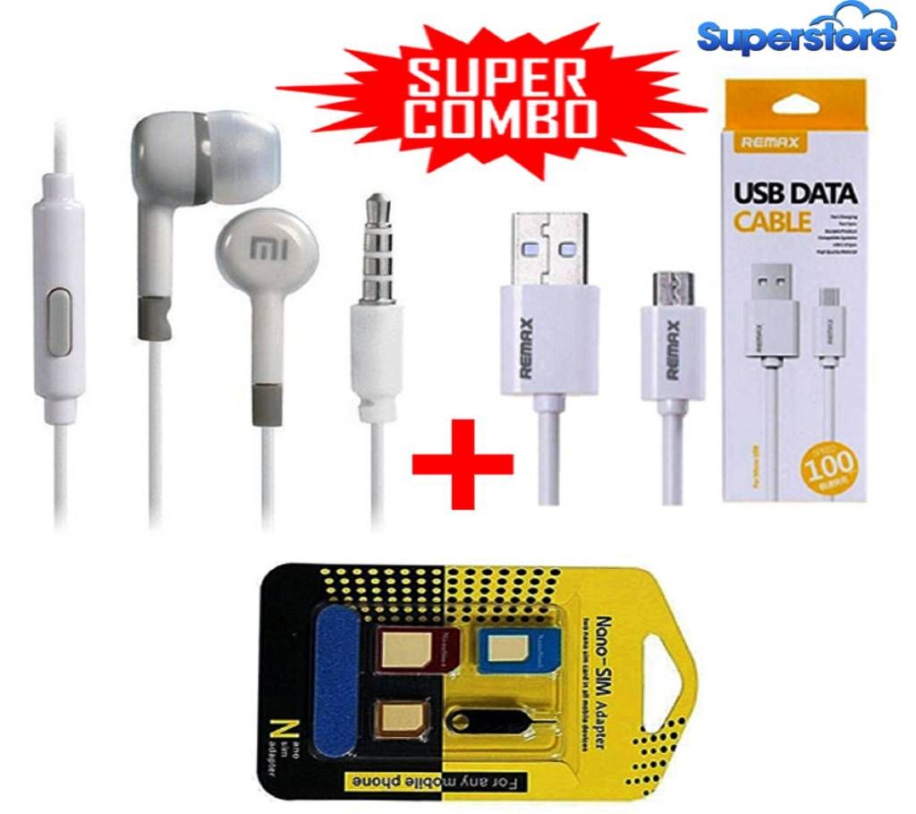 Remax USB data cable + mi MI2 earphone + Nano SIM adapter converter