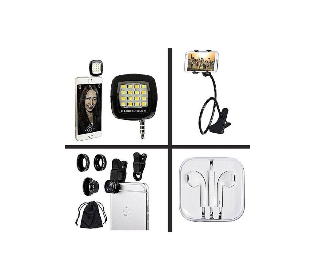 Combo Of Selfie Flash Light, Lazy Stand, 3 in 1 Mobile Camera Clip Lens, EarPods