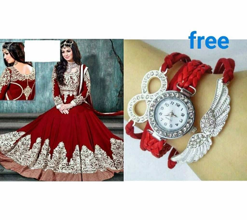 Unstitched georgette three piece-copy+Watch combo offer 