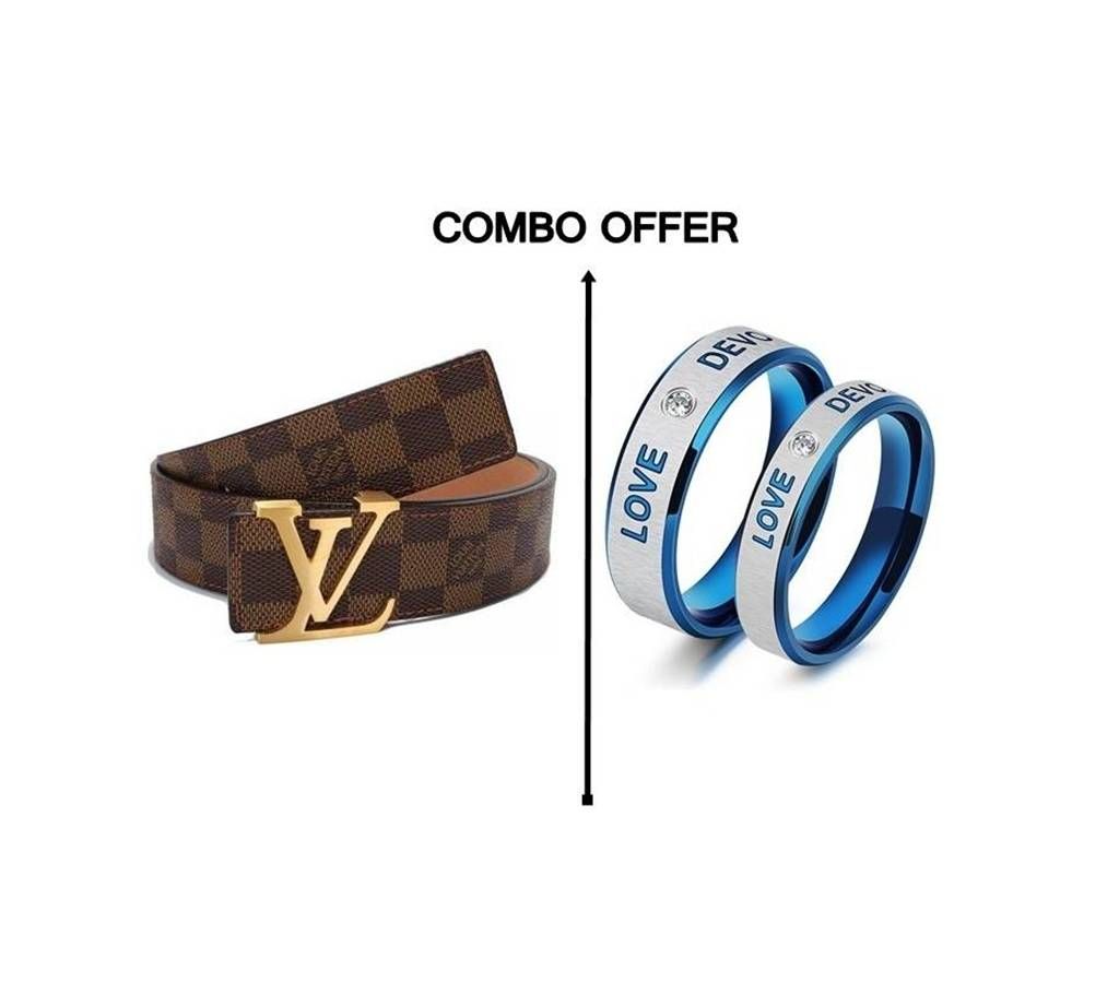 Louis Vuitton Damier Ebene Belt & Couple Wedding Rings Love Devotion Combo