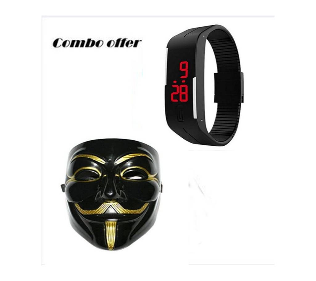 Combo of Vendetta Mask & Kids LED Sports Watches - Multicolour